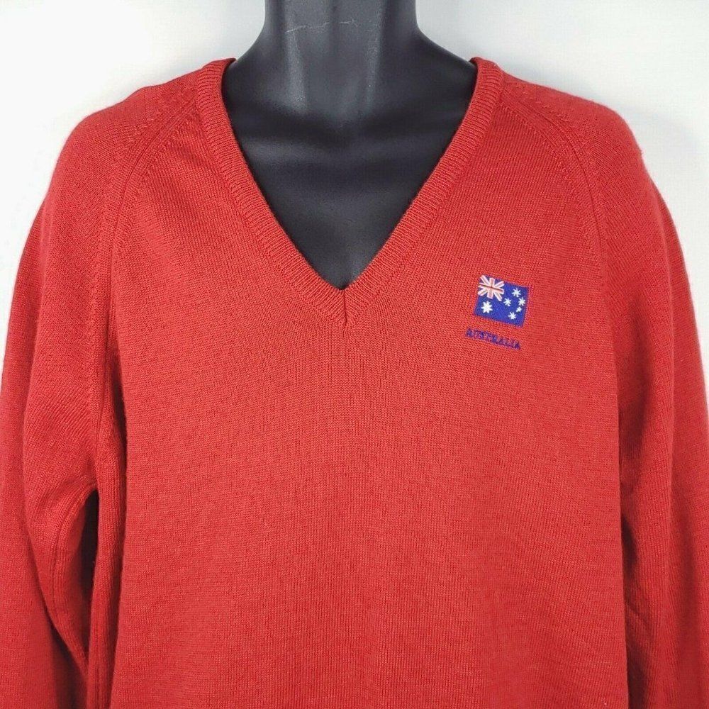 Vintage Wool V-Neck Sweater Red Australia Australian Flag Embroidered XL